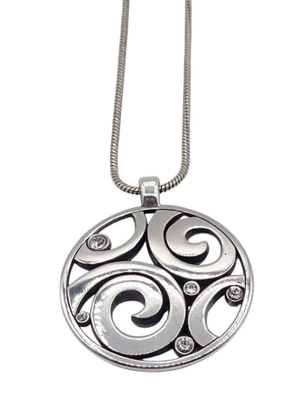 Brighton Silver Tone London Groove Crystal Swirl Round Pendant Necklace